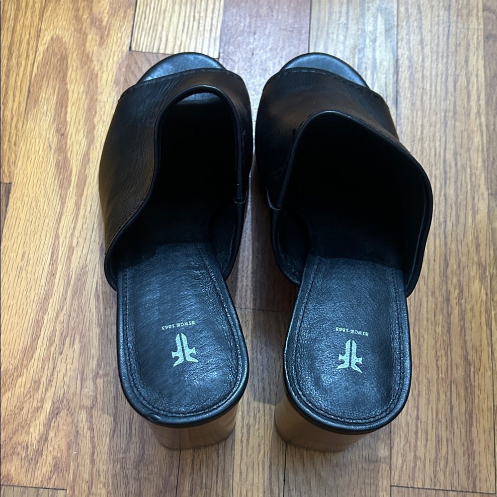 Frye Black Leather Mules with Wooden Heel - Picture 6 of 10